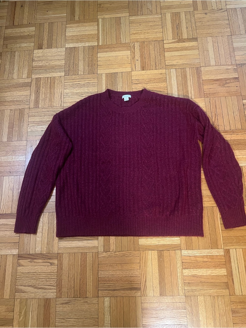 Granola Girl Fall in Legendary Outfitters Burgundy Cable-Knit Crewneck Sweater L